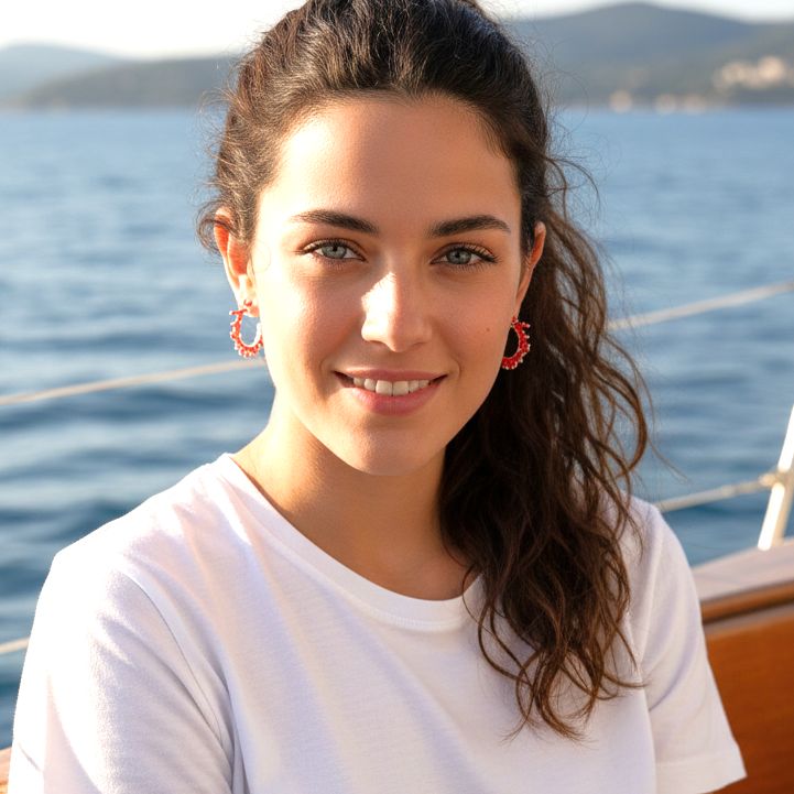 Handmade Silver Hoop Earrings Red Corals - Anthos Crafts