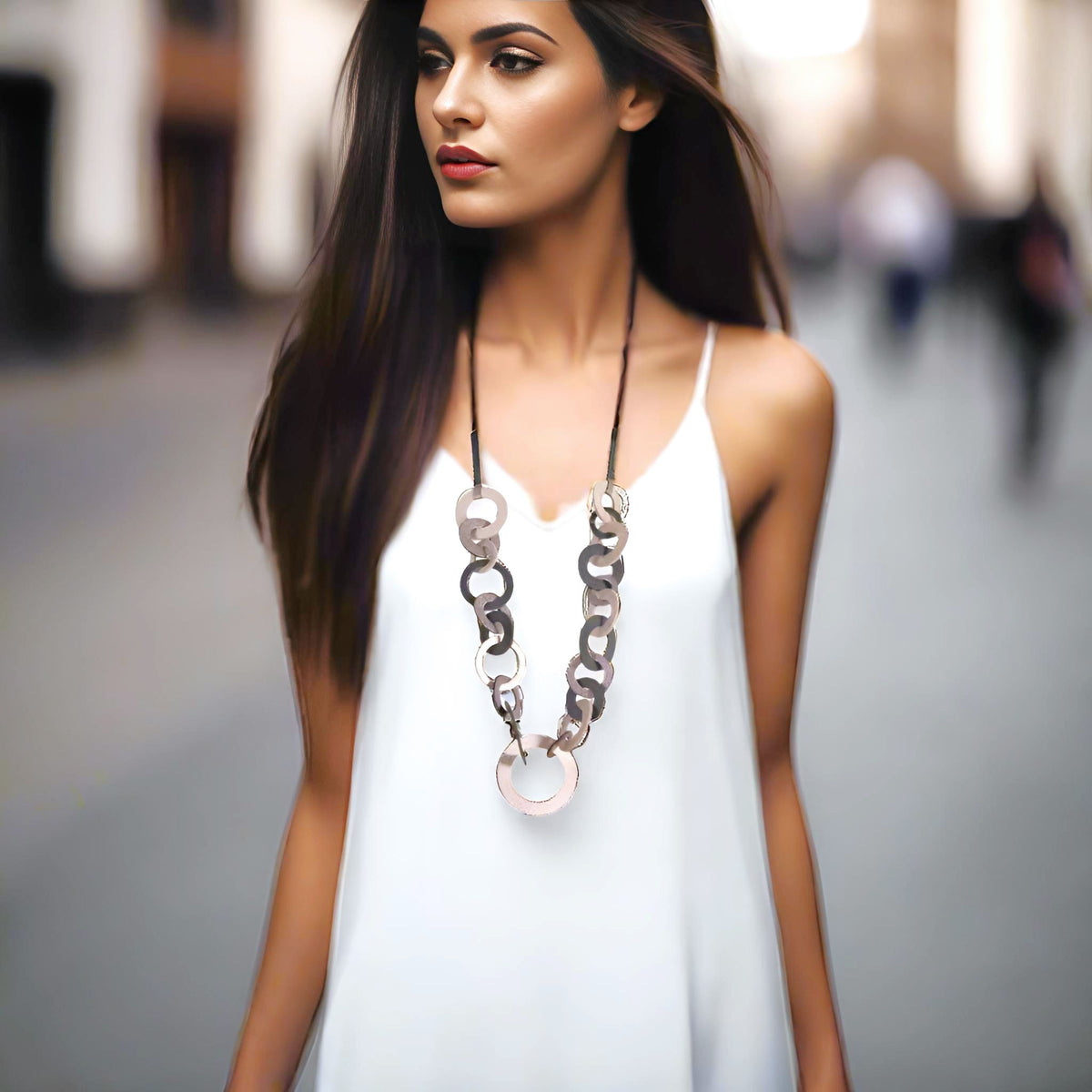 Handmade Gold Black Long Leather Chain Necklace - Anthos Crafts