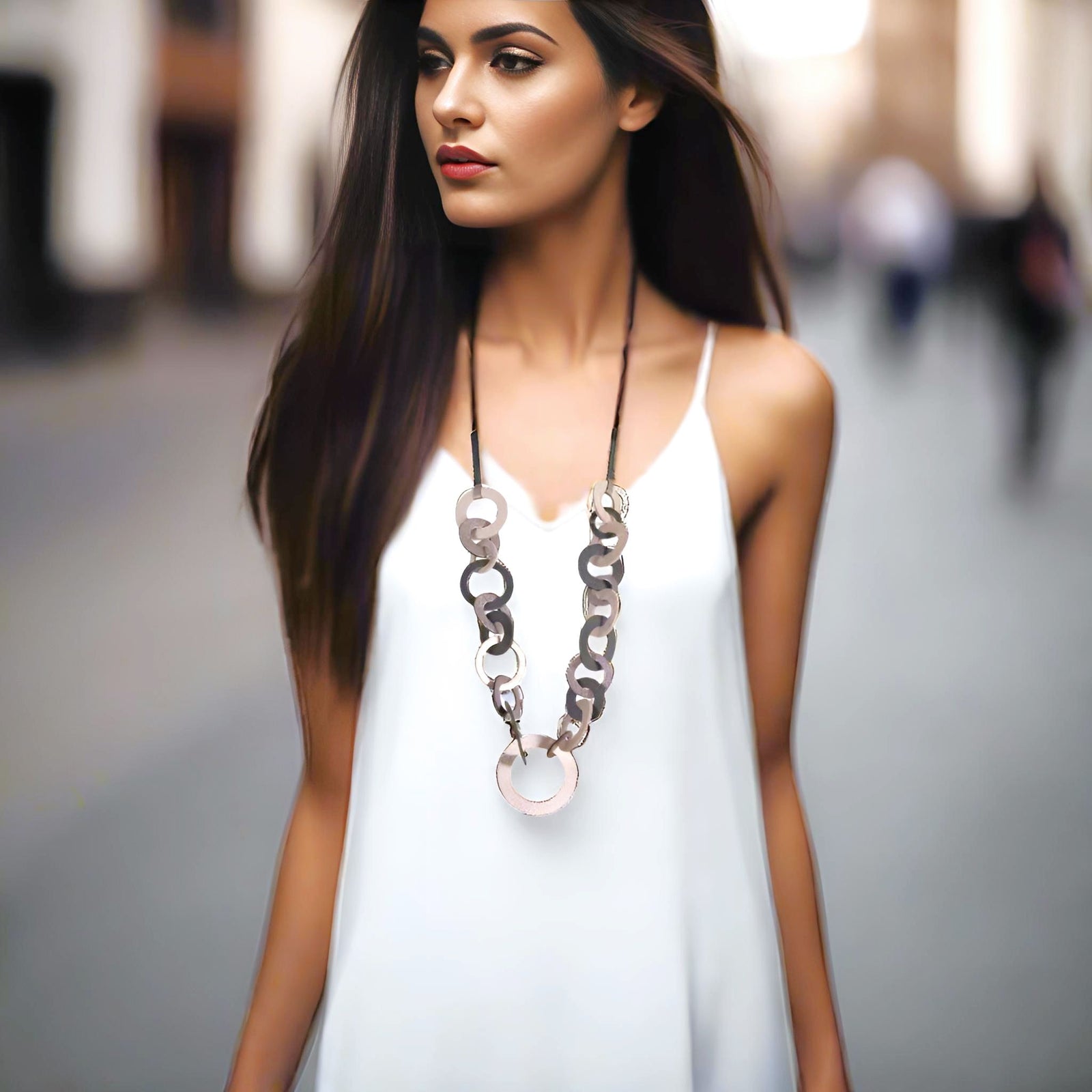 Handmade Gold Black Long Leather Chain Necklace - Anthos Crafts