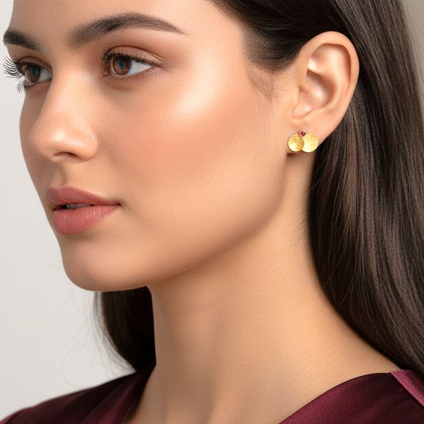 Χειροποίητα Επίχρυσα Ασημένια Σκουλαρίκια Μικρά Φύλλα με Κόκκινα Ζιρκόνια