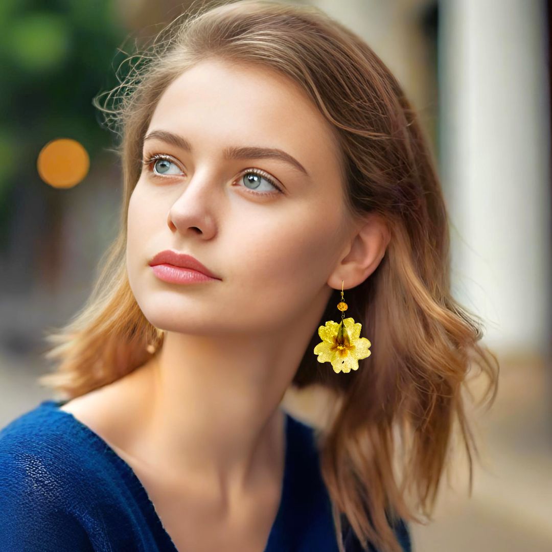 Handmade Gold Plated Silver Yellow Primrose Dangle Earrings With Swarovski Stones - Anthos Crafts