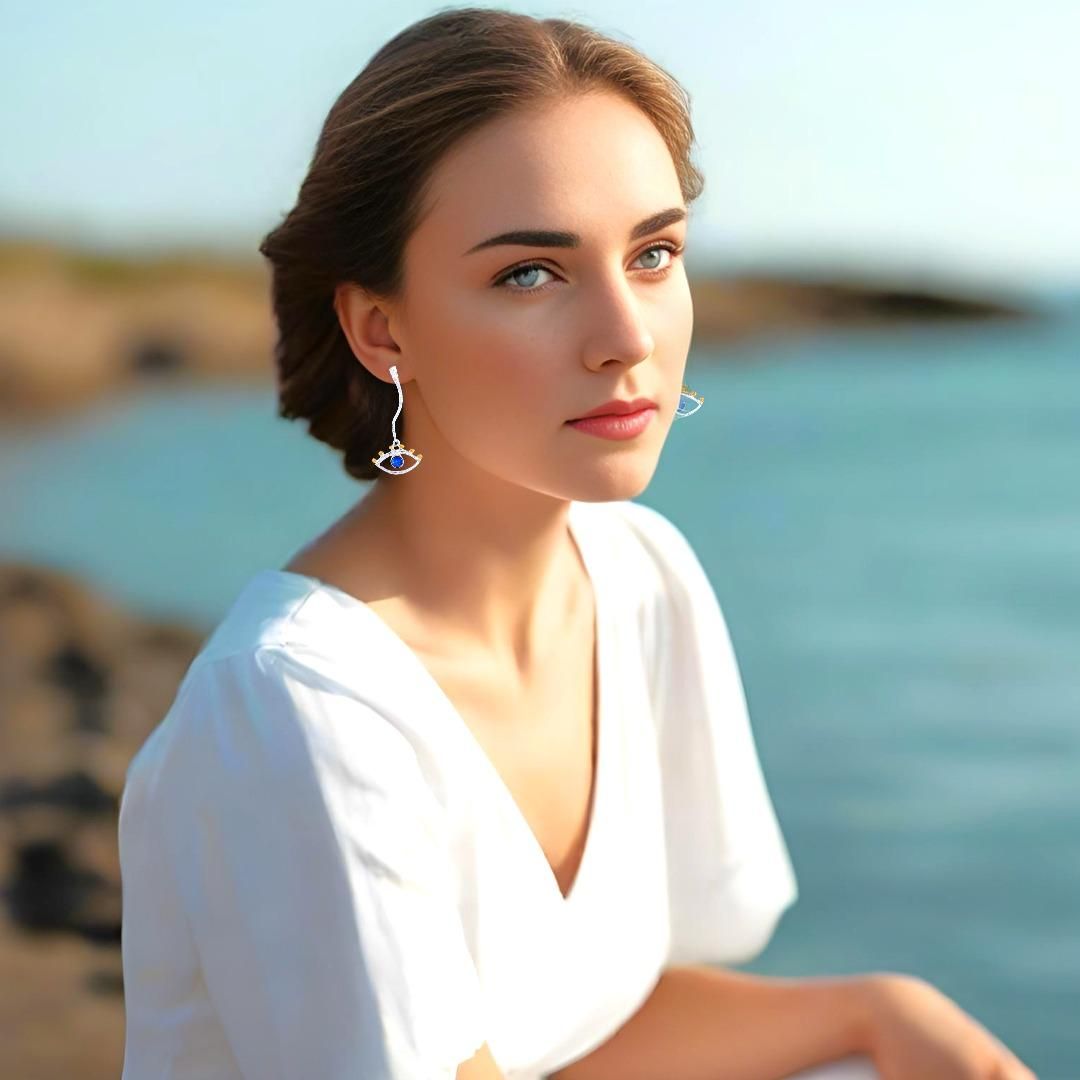 Handmade Gold Plated Silver Earrings Evil Eyes With Blue Crystal - Anthos Crafts