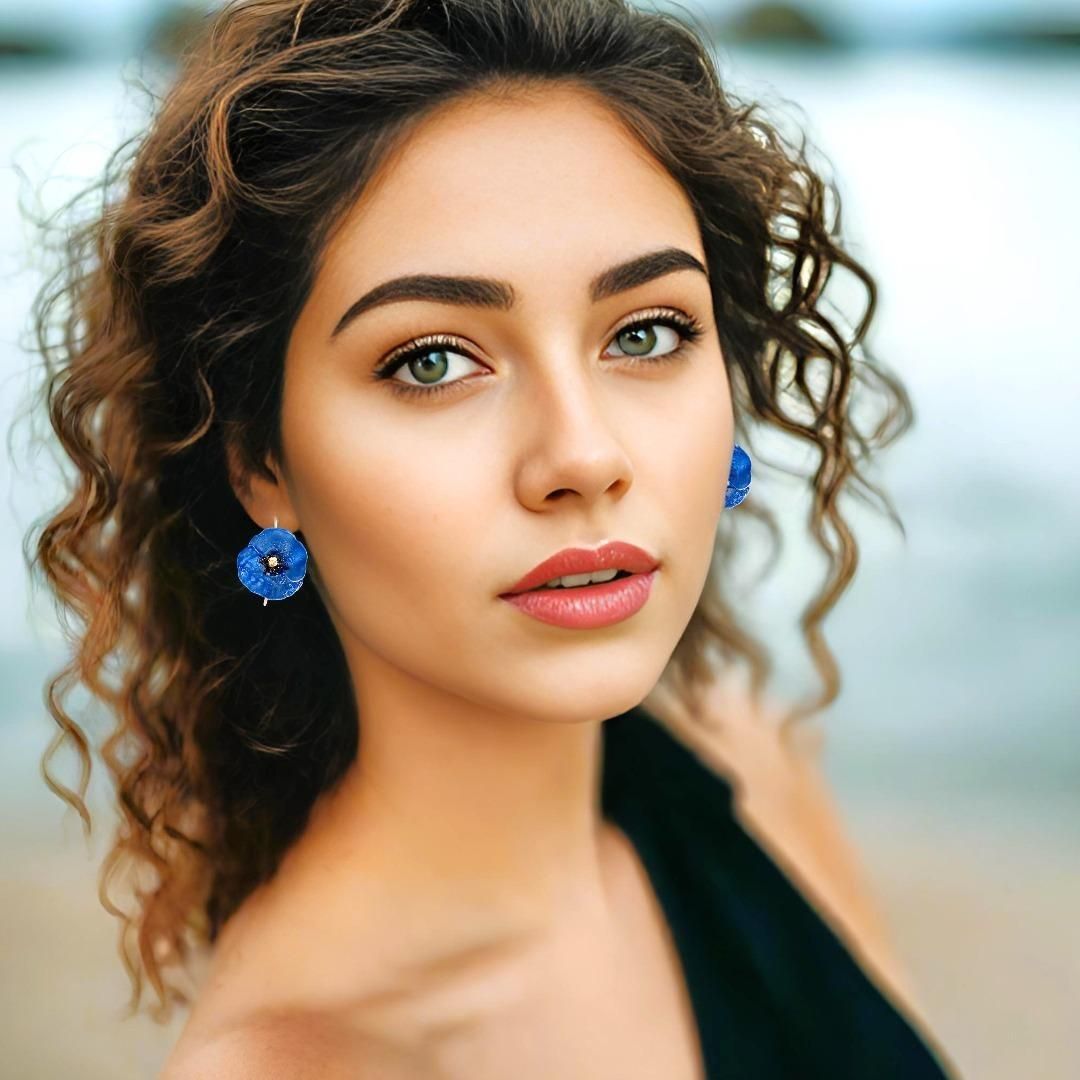 Handmade Sterling Silver Sky Blue Poppy Flower Dangle Earrings - Anthos Crafts