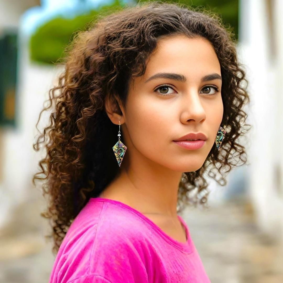 Origami Earrings Black Green Red Diamonds With Pearls - Anthos Crafts