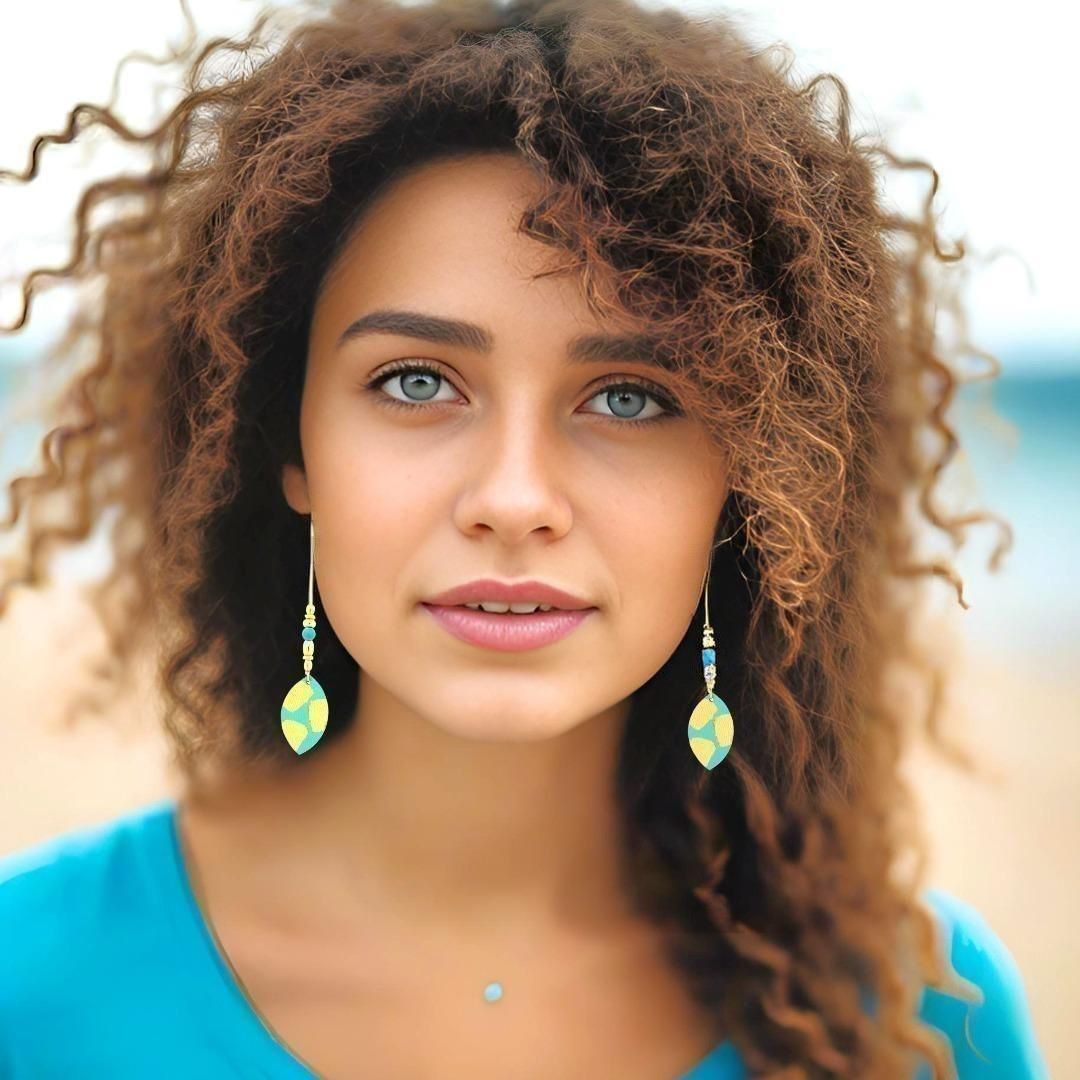 Handmade Leather Turquoise Gold Long Leaf Earrings - Anthos Crafts