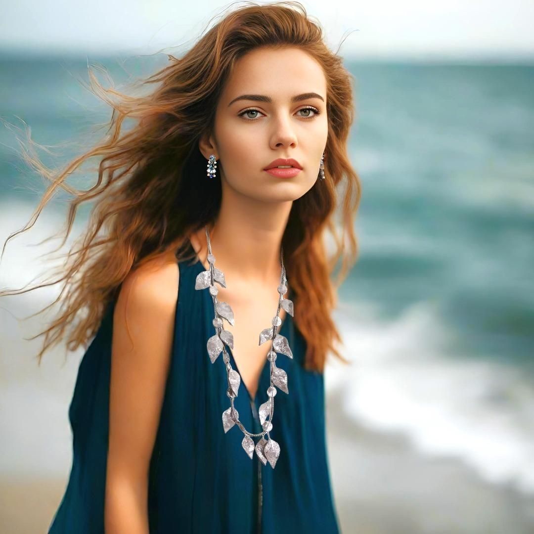 Handmade Silver Long Leather Leaves Necklace - Anthos Crafts