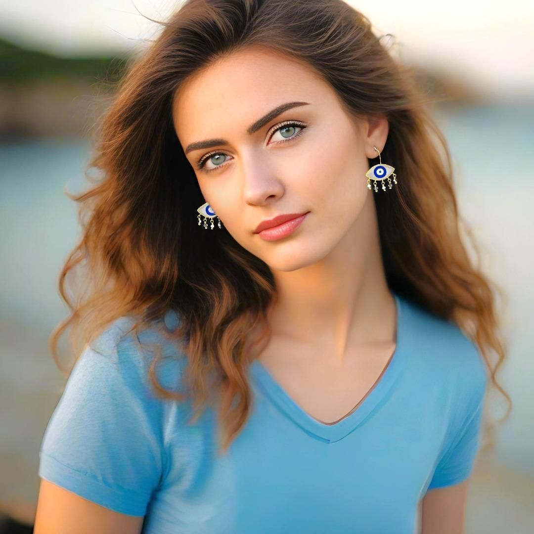 Handmade Gold Plated Silver Enamel Evil Eye Earrings Gray Navy with Gemstones - Anthos Crafts