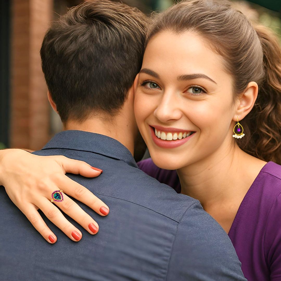 Handmade Gold Plated Silver Ring With Azurmalachite & Rhodolites - Anthos Crafts