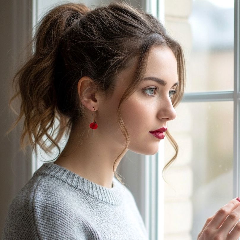 Χειροποίητα Μαύρα Ασημένια Κρεμαστά Σκουλαρίκια Μικρά Κόκκινα Λουλούδια