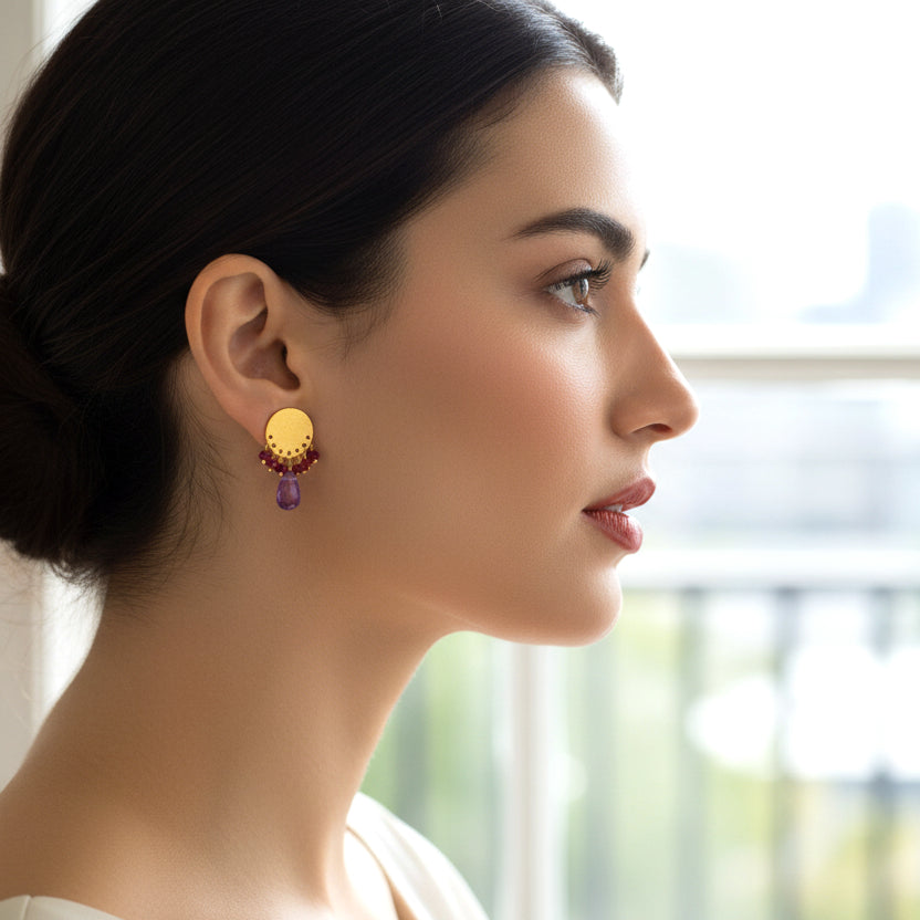 Handmade Gold Plated Silver Stud Earrings With Amethyst &amp; Jade Gemstones - Anthos Crafts