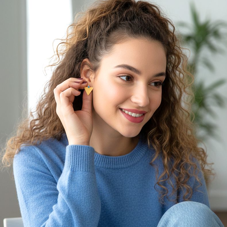 Χειροποίητα Επίχρυσα Ασημένια Σκουλαρίκια Μικρά Τριγωνα με Ζιρκόν