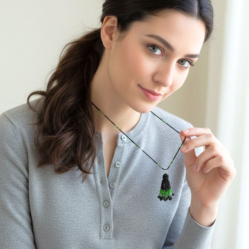 Handmade Black Green Shimmering Long Tassel Necklace - Anthos Crafts