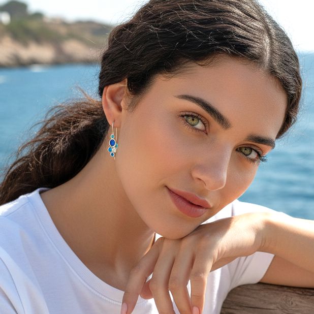 Handmade Silver Drop Earrings with Shades Of Blue & Turquoise Enamel Bubbles With Pearl - Anthos Crafts