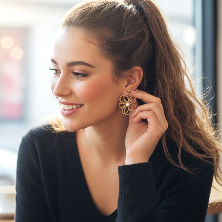 Handmade Gold Plated Crochet Flower Earrings With Pearls - Anthos Crafts