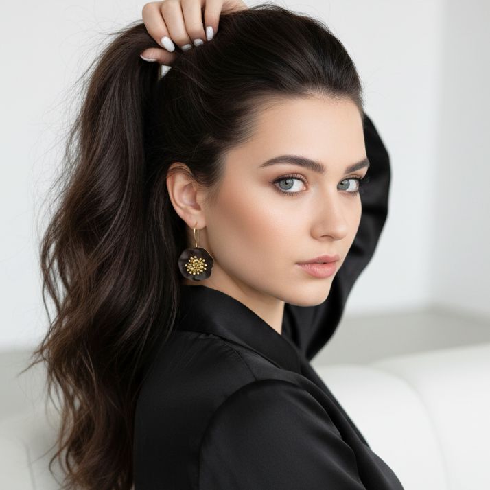 Handmade Gold Plated Silver Black Flower Earrings - Anthos Crafts