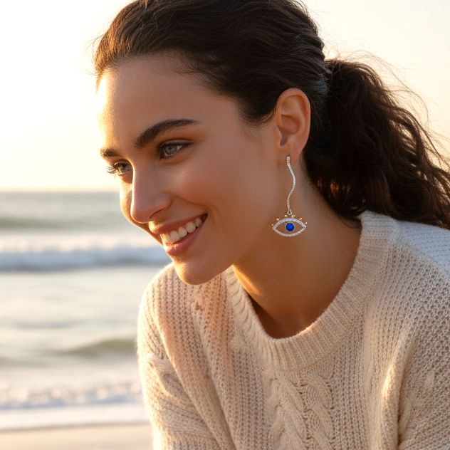 Handmade Gold Plated Silver Earrings Evil Eyes With Blue Crystal - Anthos Crafts