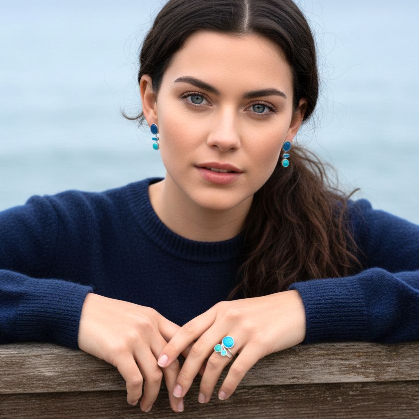 Anello in argento fatto a mano con smalto turchese e verde Pebbles