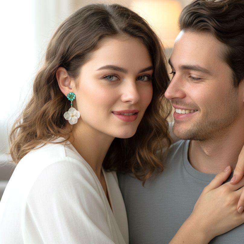 Flower Earrings Made From Turquoise Daisy & White Ηydrangea Petals - Anthos Crafts