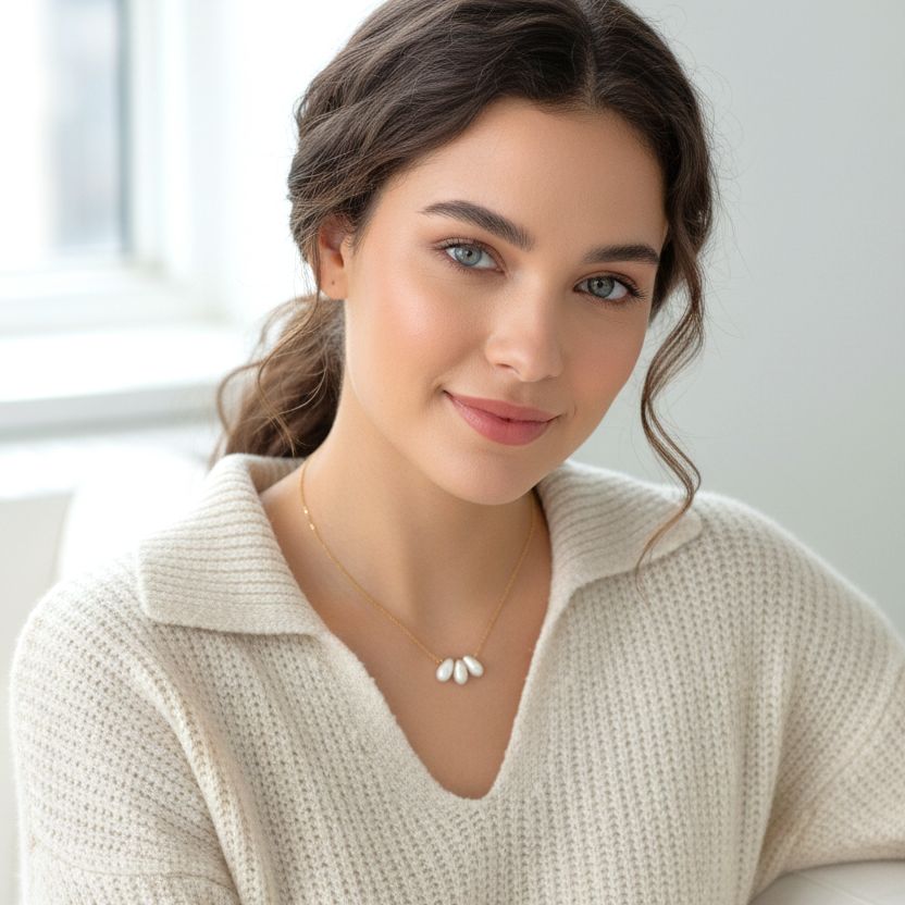 Handmade Gold Plated Silver Necklace With 3 White Coral Drops - Anthos Crafts