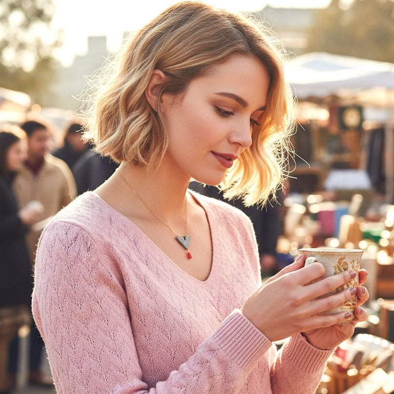 Χειροποίητο Επίχρυσο &amp; Μαύρο Ασημένιο Κολιέ με Κοράλλι