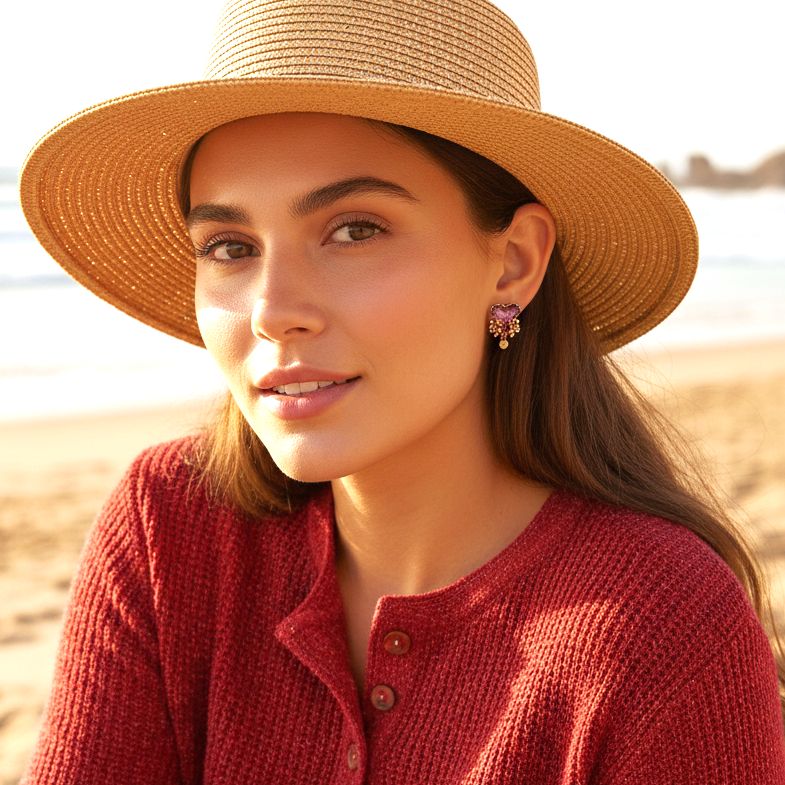 Χειροποίητα Σκουλαρίκια Plum Wine Set, Stud Beaded, Baika