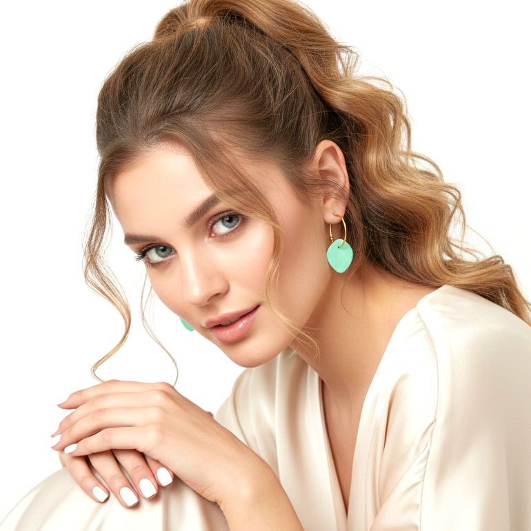 Handmade Gold Plated Silver Hoop Earrings with Enamel Green Mint - Anthos Crafts