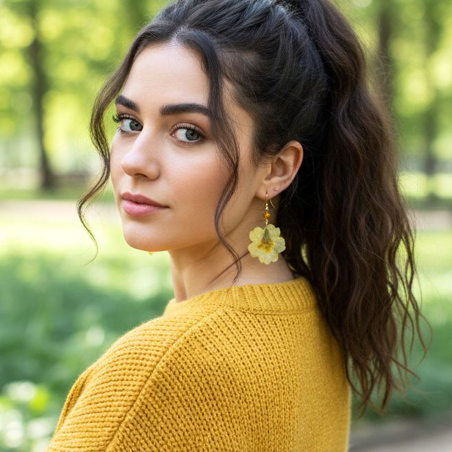 Handmade Gold Plated Silver Yellow Primrose Dangle Earrings With Swarovski Stones - Anthos Crafts