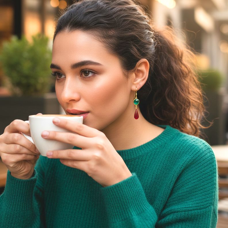 Handmade Gold Plated Silver Lacrima Earrings With Green Jade &amp; Red Enamel - Anthos Crafts