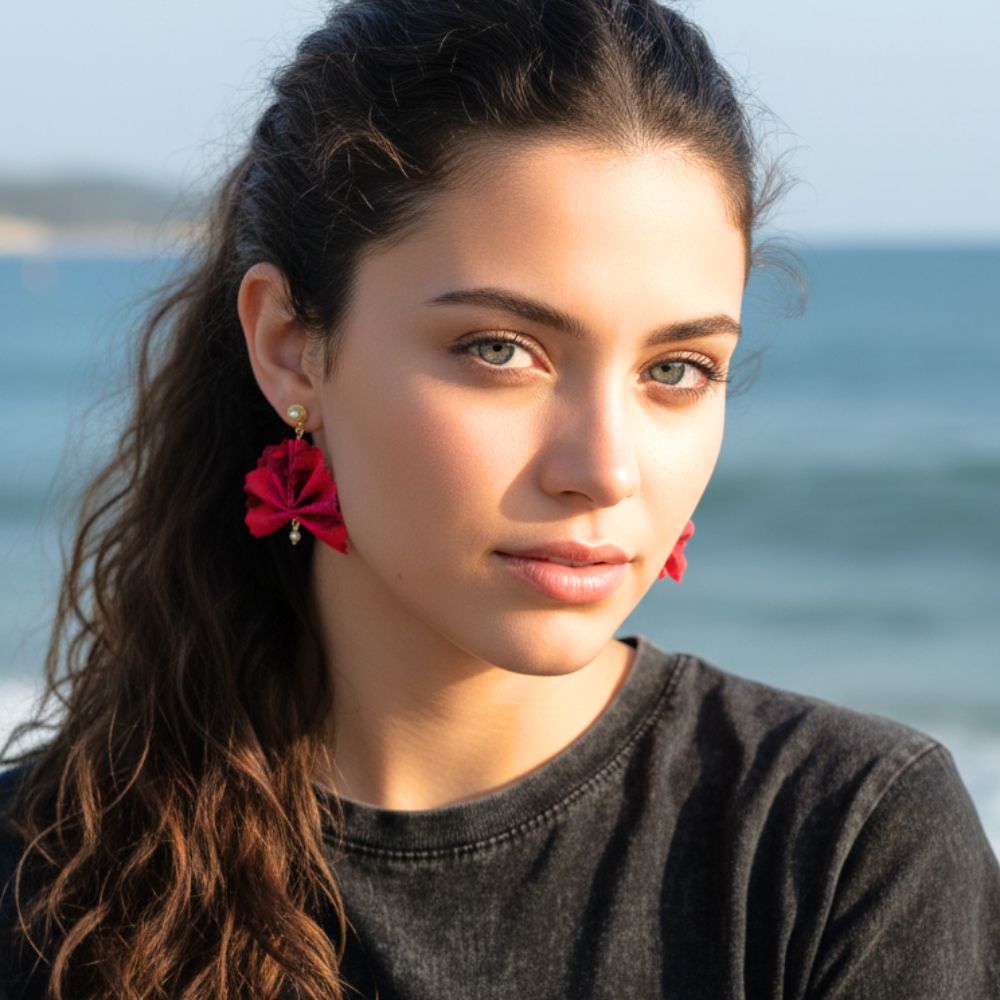 Orecchini origami a forma di ventaglio arancione e fuchsia con pietre turchesi e perle