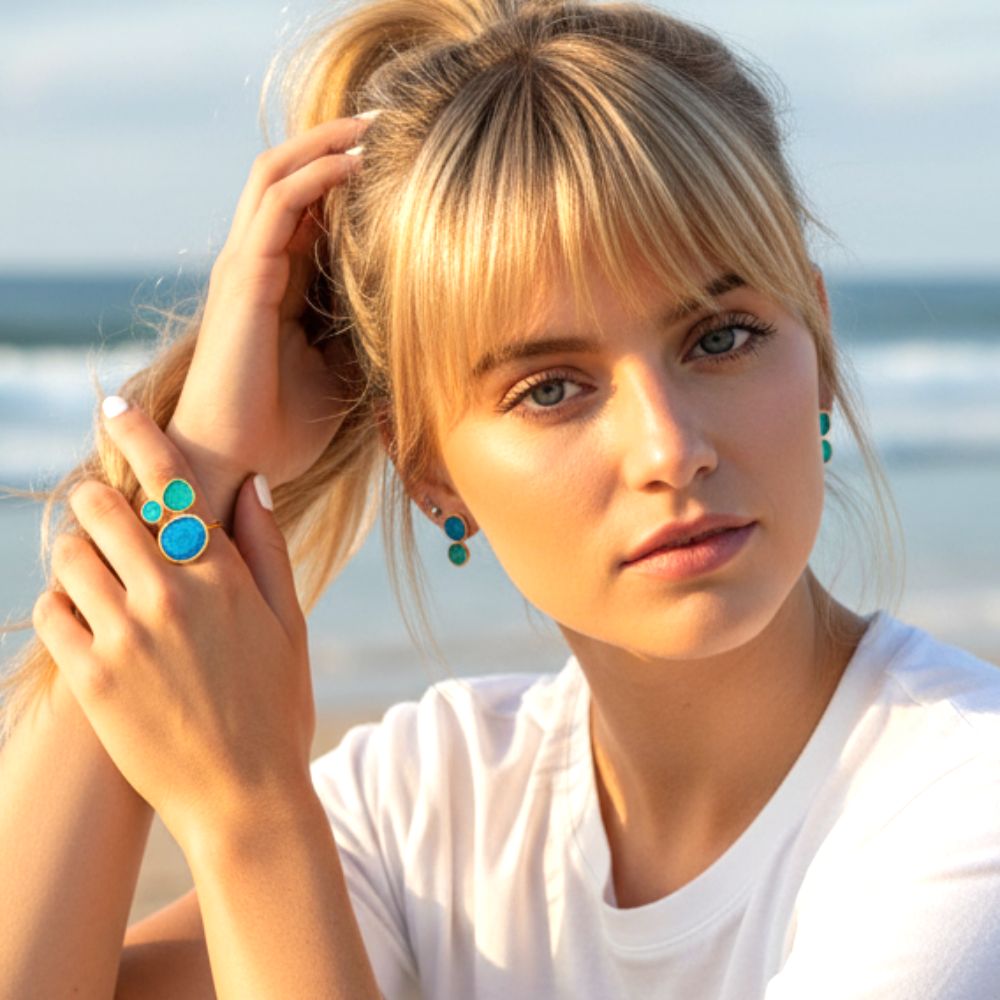 Handmade Gold Plated Silver Enamel Ring Turquoise & Green Pebbles