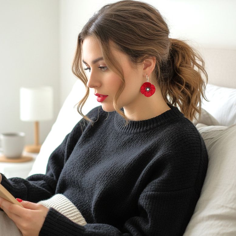 Χειροποίητα Ασημένια Κρεμαστά Κοντά Σκουλαρίκια Κόκκινες Εντυπωσιακές Παπαρούνες