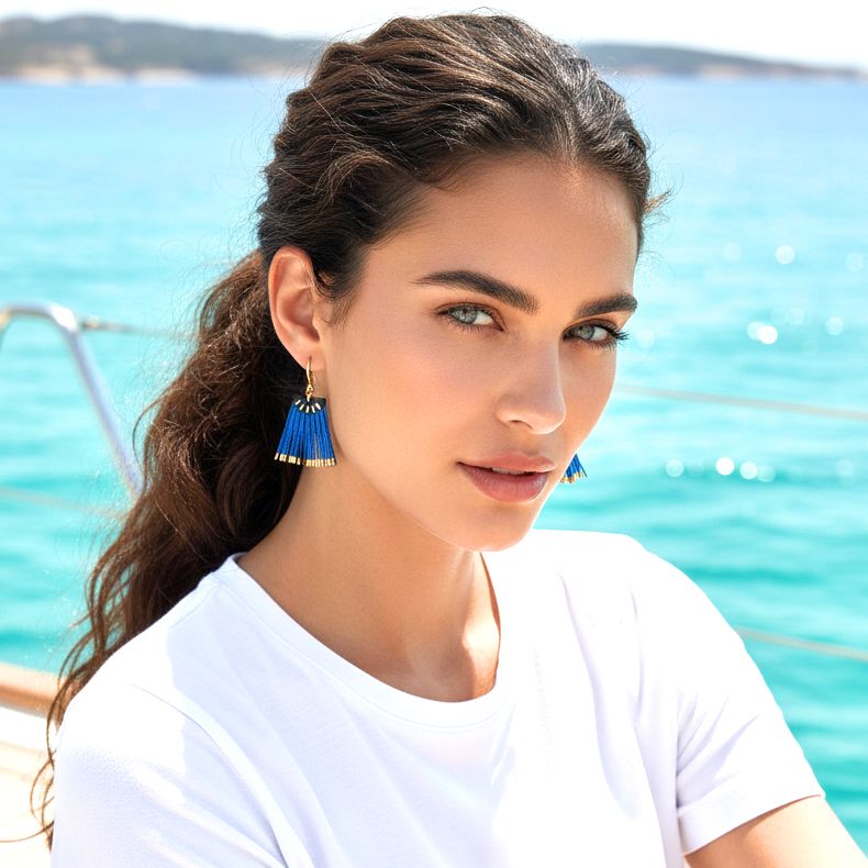 Satin Pleated Drop Earrings Scallop Blue Tourquoise SL-BLE - Anthos Crafts