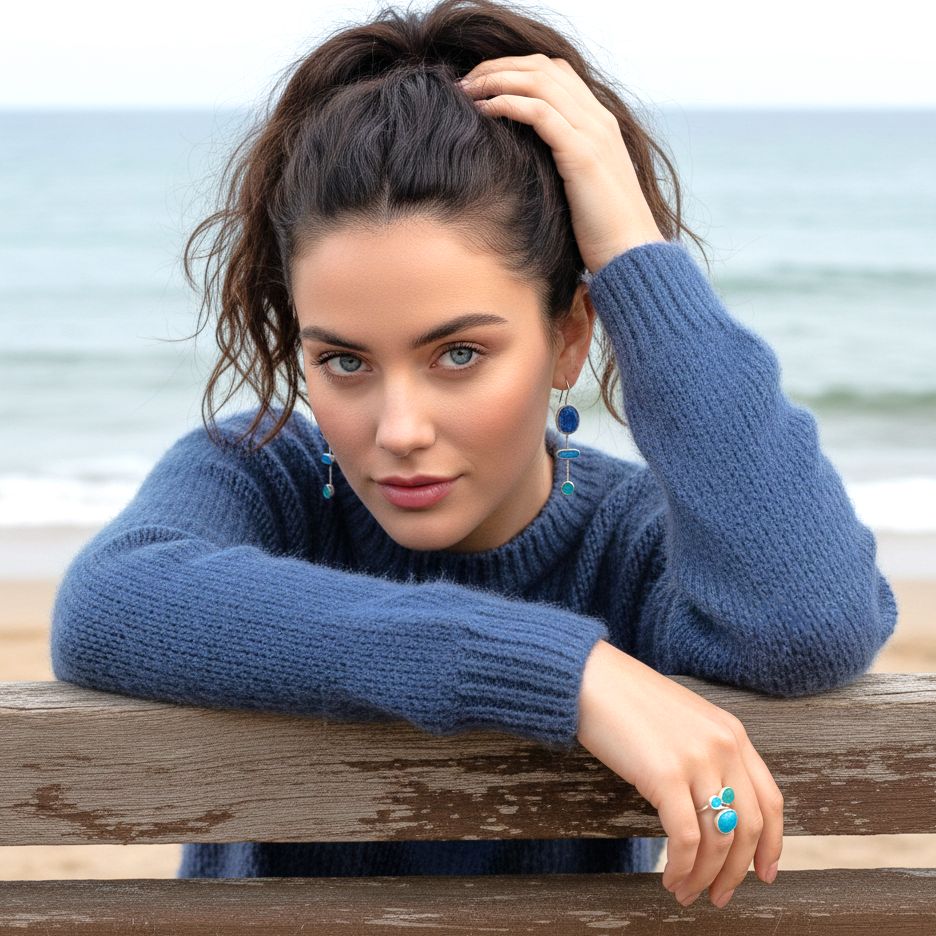 Anello in argento fatto a mano con smalto turchese e verde Pebbles