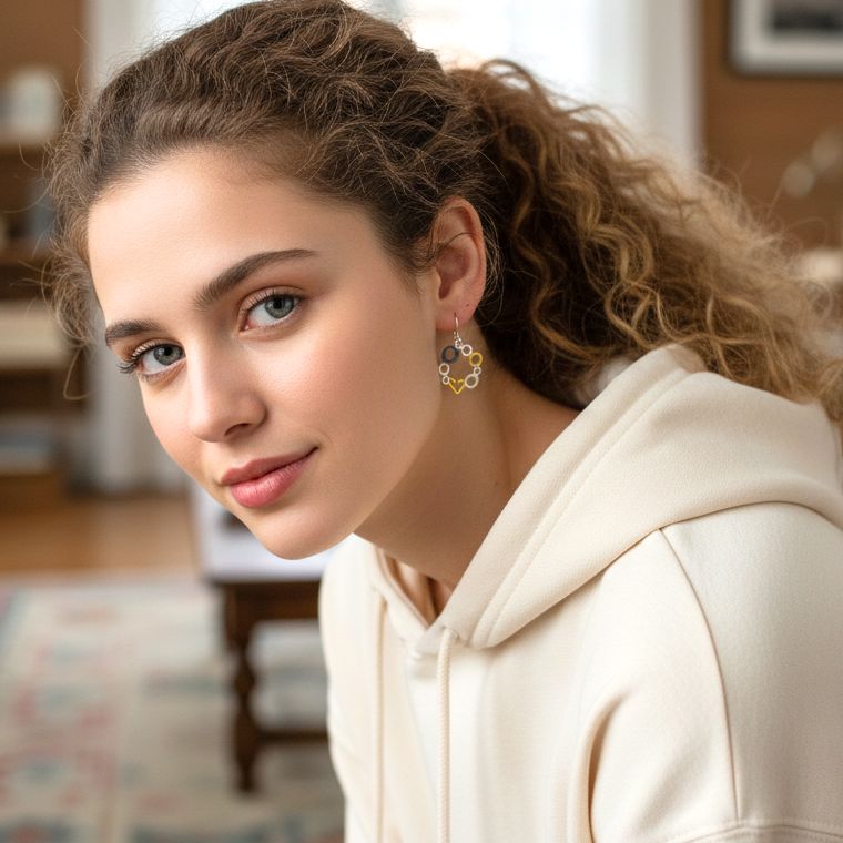 Handmade Gold & Black Plated Silver Earrings Circles With Heart - Anthos Crafts