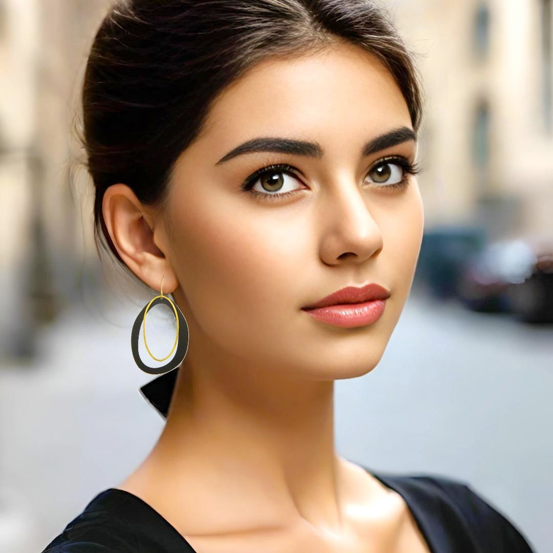 Handmade Gold Plated Oval Black Hook Earrings Alchemy - Anthos Crafts