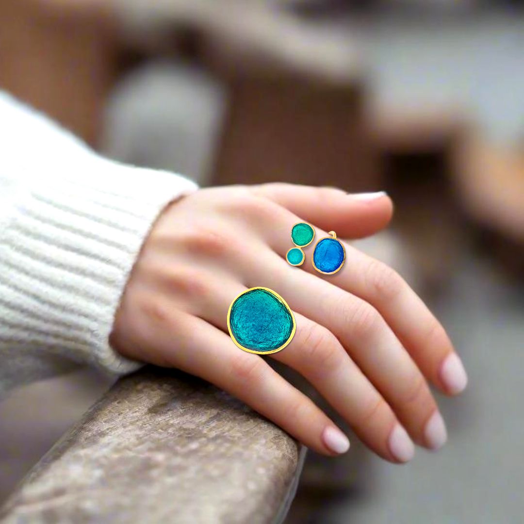 Handmade Gold Plated Silver Enamel Ring Turquoise &amp; Green Pebbles - Anthos Crafts