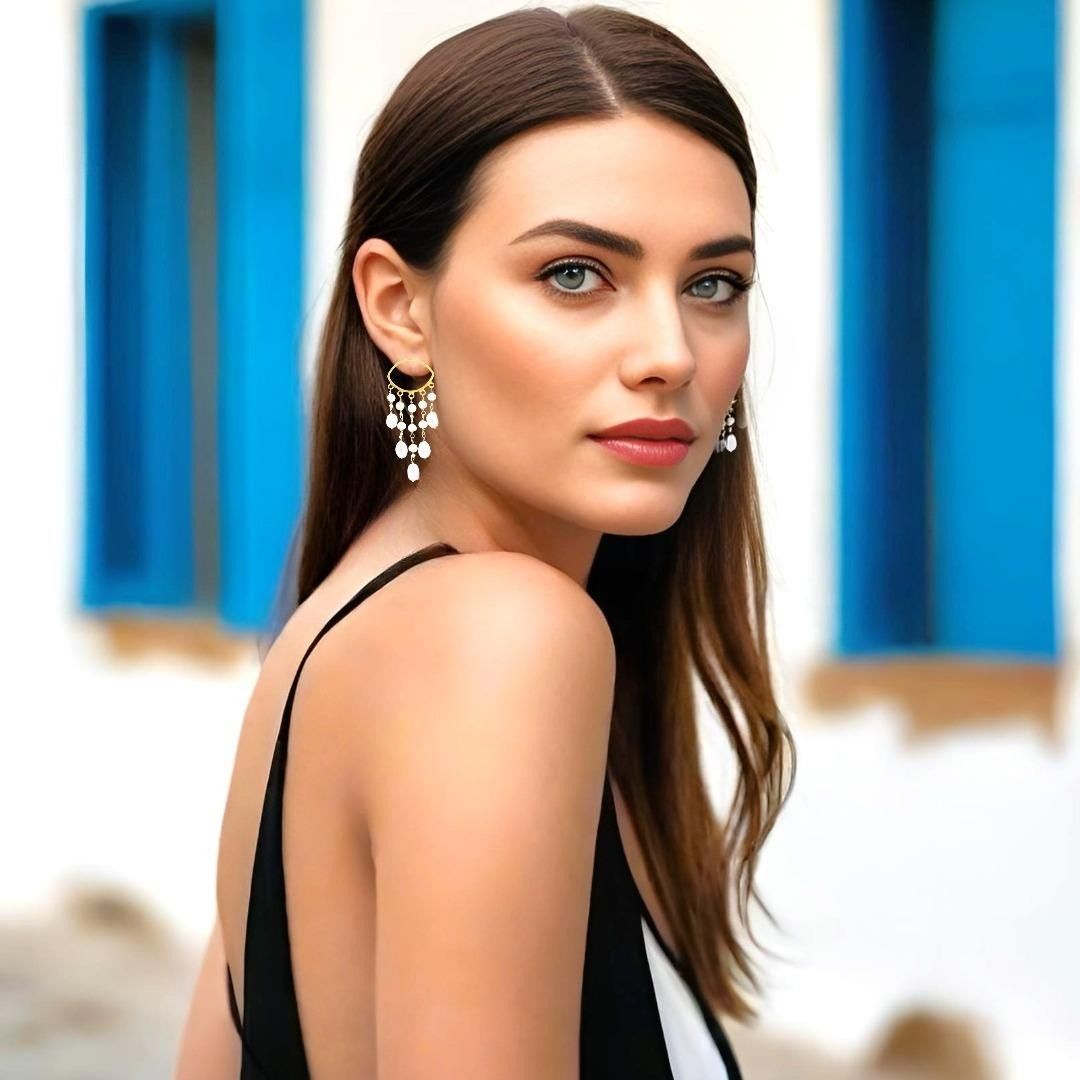 Handmade Gold Plated Silver Dangle Earrings With Pearls - Anthos Crafts