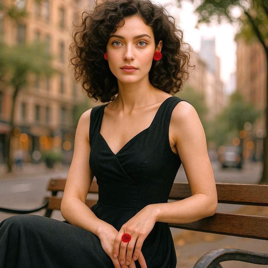 Satin Pleated Stud Earrings Red FLowers CHRIS-E-RE - Anthos Crafts