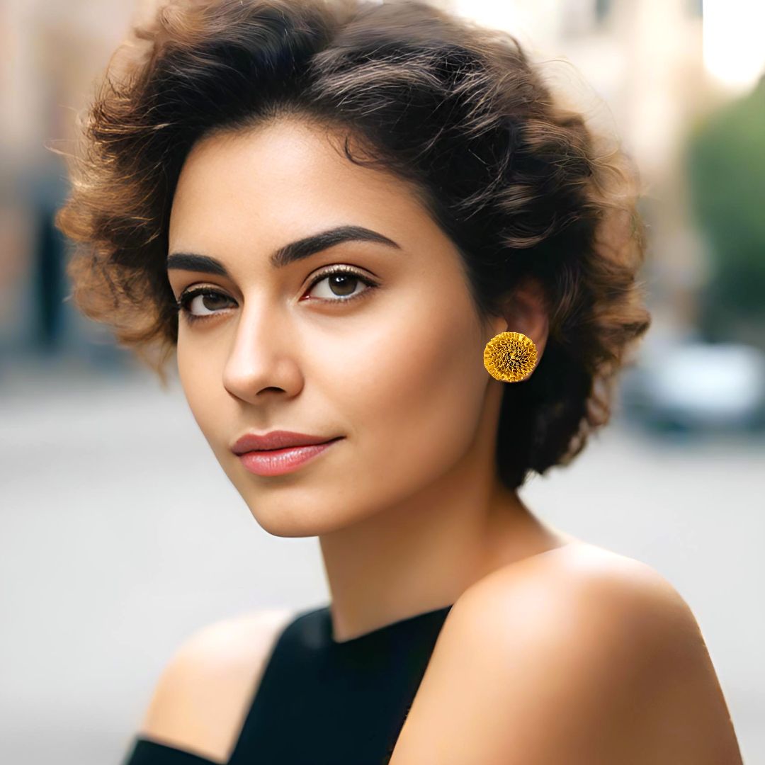 Satin Pleated Stud Earrings Gold Flowers CHRIS-E-GO - Anthos Crafts