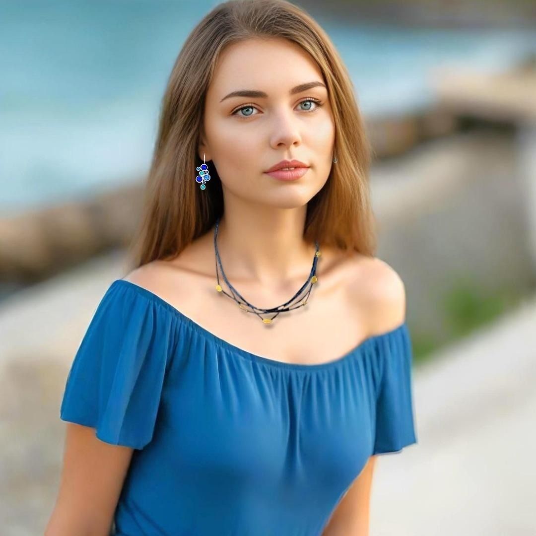 Handmade Blue Layered Necklace with Gold Plated Silver Sea Elements - Anthos Crafts