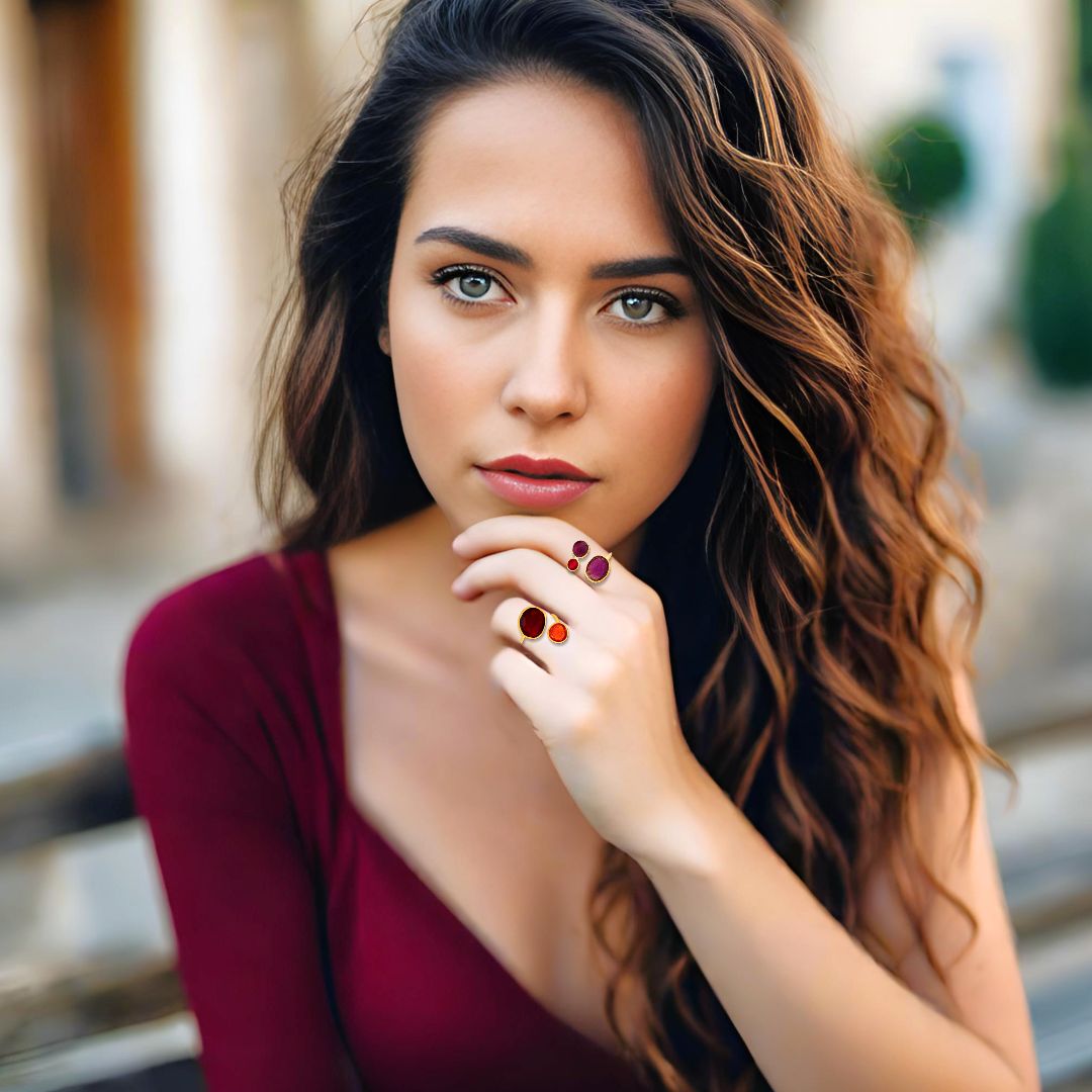 Handmade Gold Plated Silver Enamel Ring Purple, Burgundy, Red Pebbles - Anthos Crafts