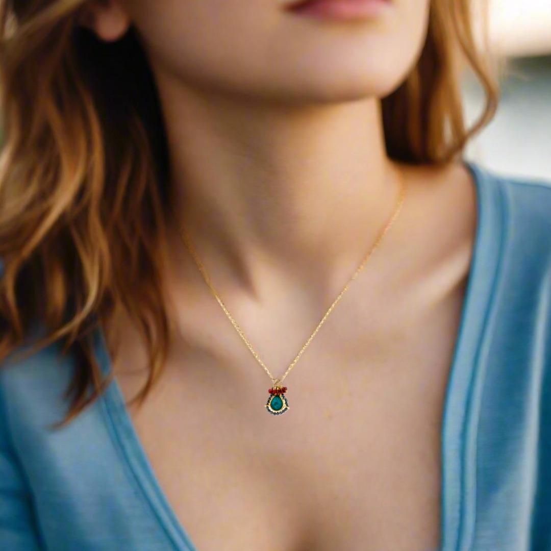 Handmade Short Gold Plated Silver Chain Necklace With Chrysocolla Quartz, Hematites & Rhodolites - Anthos Crafts