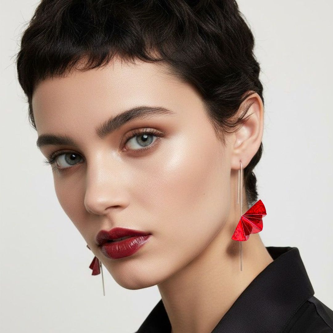 Χειροποίητα Ασημένια Σκουλαρίκια Κόκκινες Γεωμετρικές Βεντάλιες