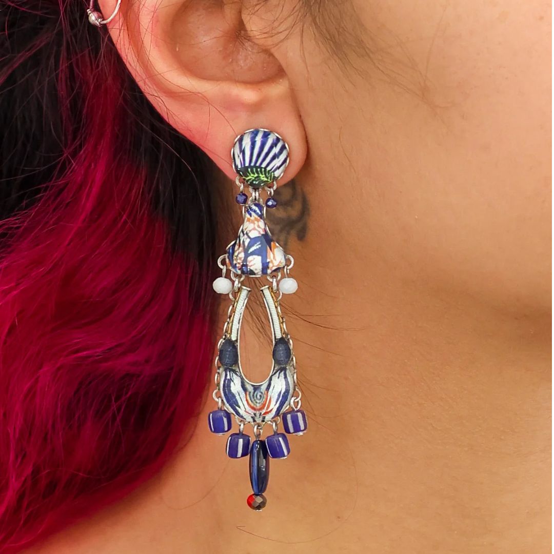 Handmade Blue Domes Set, Long Blue Glass Earrings, Athena - Anthos Crafts