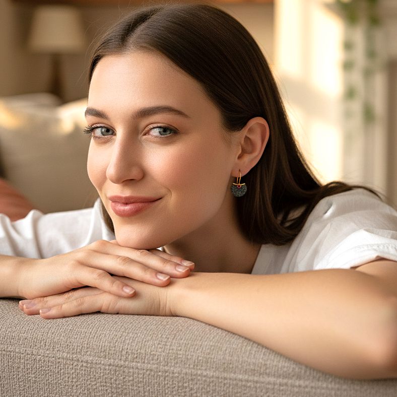 Handmade Gold & Black Silver Hammered Earrings With Red Zircons