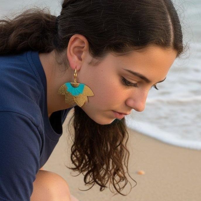 Handmade Leather Turquoise Gold Plumeria Earrings - Anthos Crafts