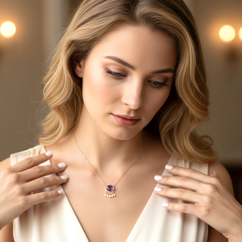 Handmade Short Gold Plated Silver Chain Necklace With Amethyst & Pearls - Anthos Crafts