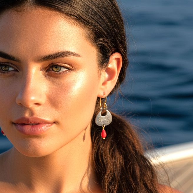 Handmade Gold &amp; Black Plated Silver Earrings With Red Corals - Anthos Crafts