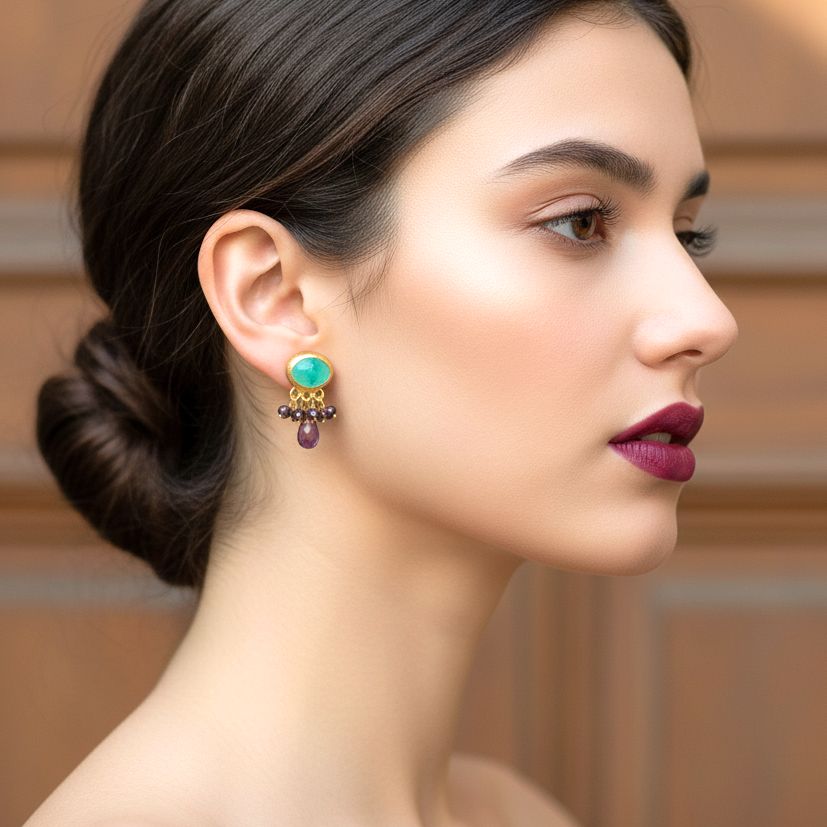 Handmade Gold Plated Silver Stud Earrings With Aqua Quartz, Spinel & Amethyst Gemstones - Anthos Crafts