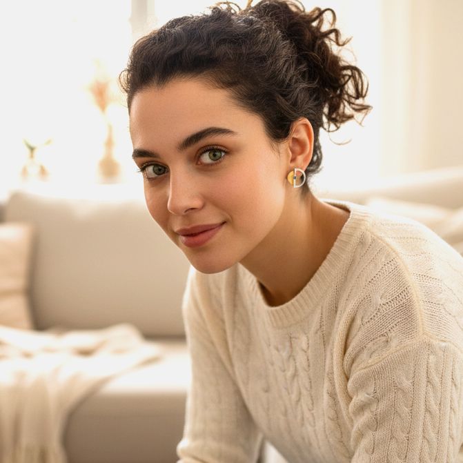 Χειροποίητα Χρυσά Ασημένια Σκουλαρίκια Μισοί Κύκλοι με Μπλε Ζιρκόνια